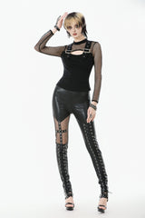 Black Cross Lace-Up PU Sheer Mesh Women's Gothic Punk Pants - Product - 7