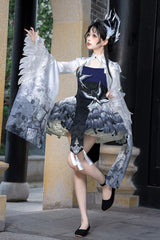 Dark Blue [Feathered Finch] Multi-Layered Print Ruffle Classic Chinese Style Lolita Jsk Dress Set - Product - 6