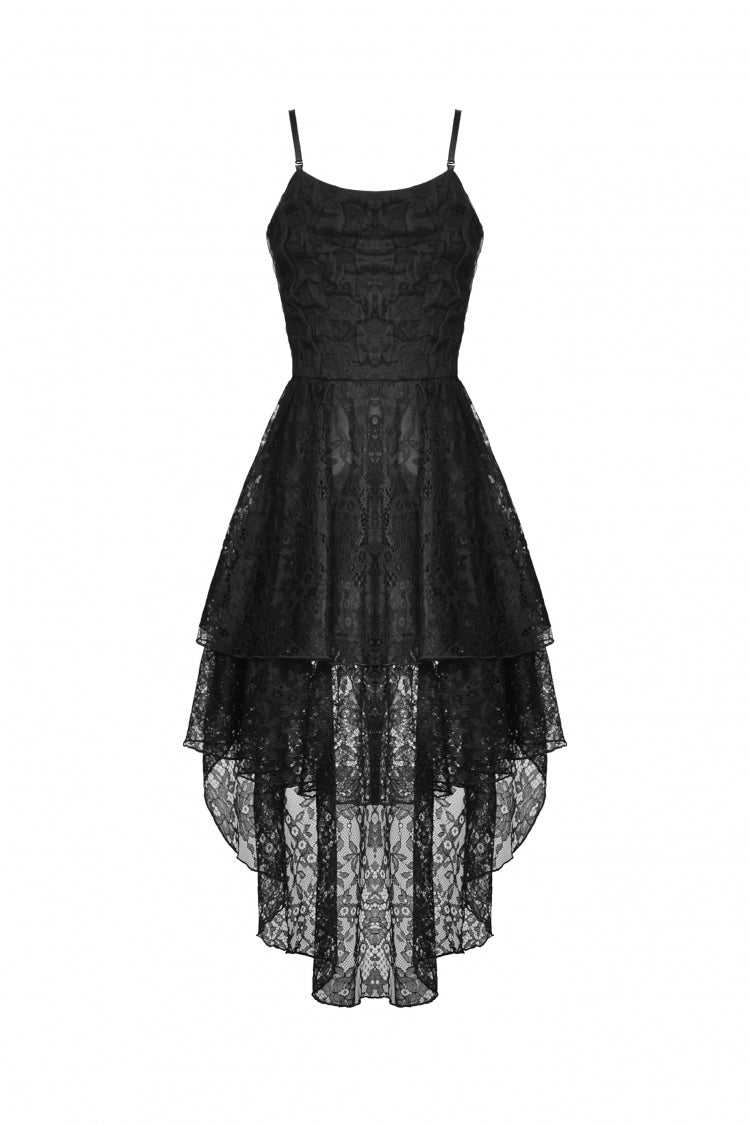 Black Sleeveless Irregular High Low Multi-Layered Lace Lace-Up Women's Gothic Slip Dress - Product - 6