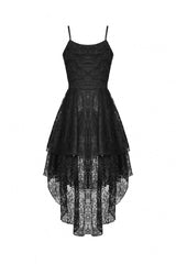 Black Sleeveless Irregular High Low Multi-Layered Lace Lace-Up Women's Gothic Slip Dress - Product - 6