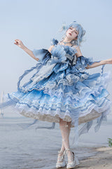 Blue [Jellyfish] Gradient Print Ruffle Embroidery Bowknot Lace Asymmetric Sweet Elegant Lolita Jsk Dress - Product - 3