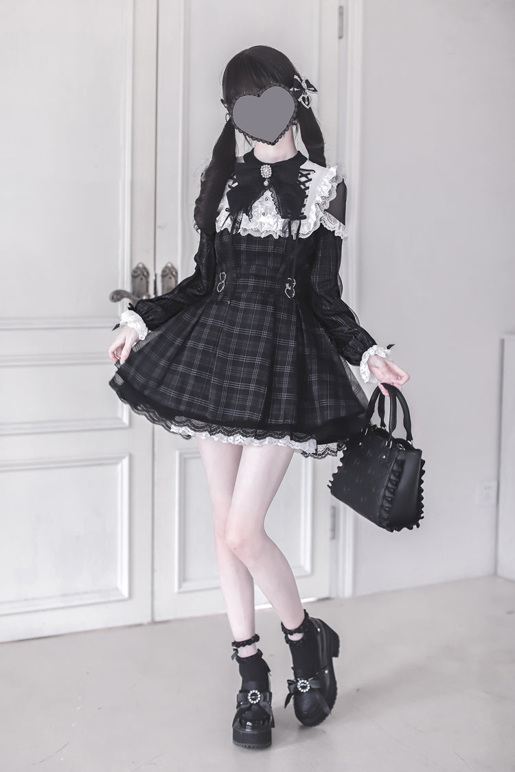 Black [Angel Heartbeat] Long Sleeves Plaid Print Ruffle Bowknot Lace Sweet Jirai Kei Japanese Dress - Product - 8