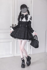 Black [Angel Heartbeat] Long Sleeves Plaid Print Ruffle Bowknot Lace Sweet Jirai Kei Japanese Dress - Product - 8