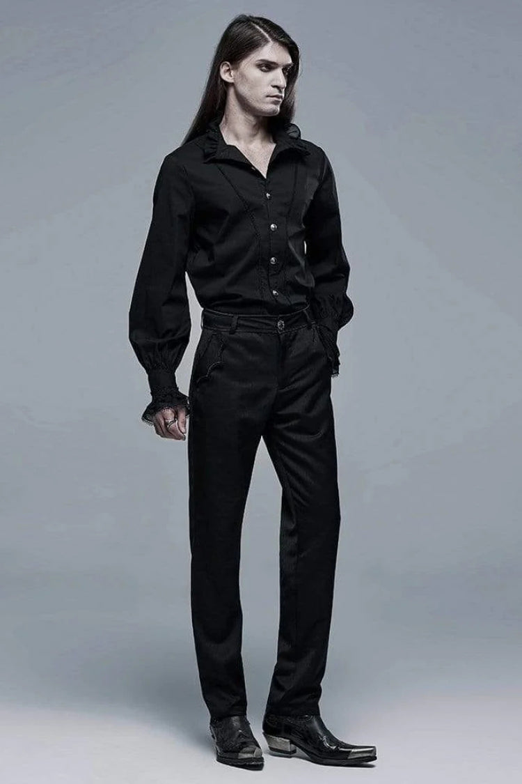 Black Stand Collar Long Sleeves Metal Button Lace Mens Gothic Blouse - Product - 4