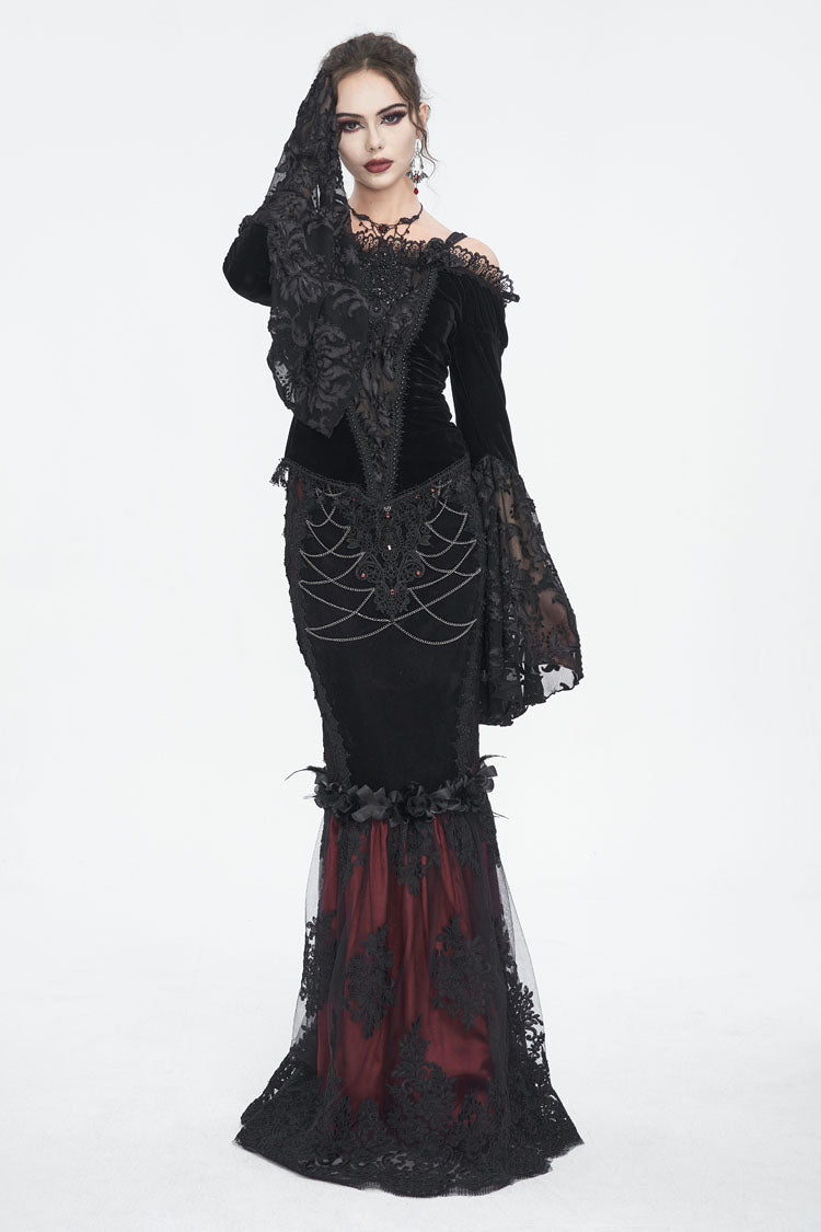 Black/Red High Waisted Embroidery Stitching Lace Women's Gothic Skirt - Product - 4