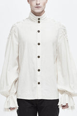 White Straight Collar Puff Sleeve Jacquard Mens Punk Blouse - White - 1
