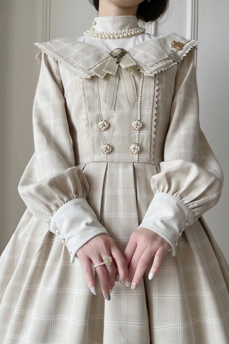 Apricot [Fontainebleau] Long Sleeves Plaid Print Bowknot Elegant Sweet Lolita Dress - Product - 11