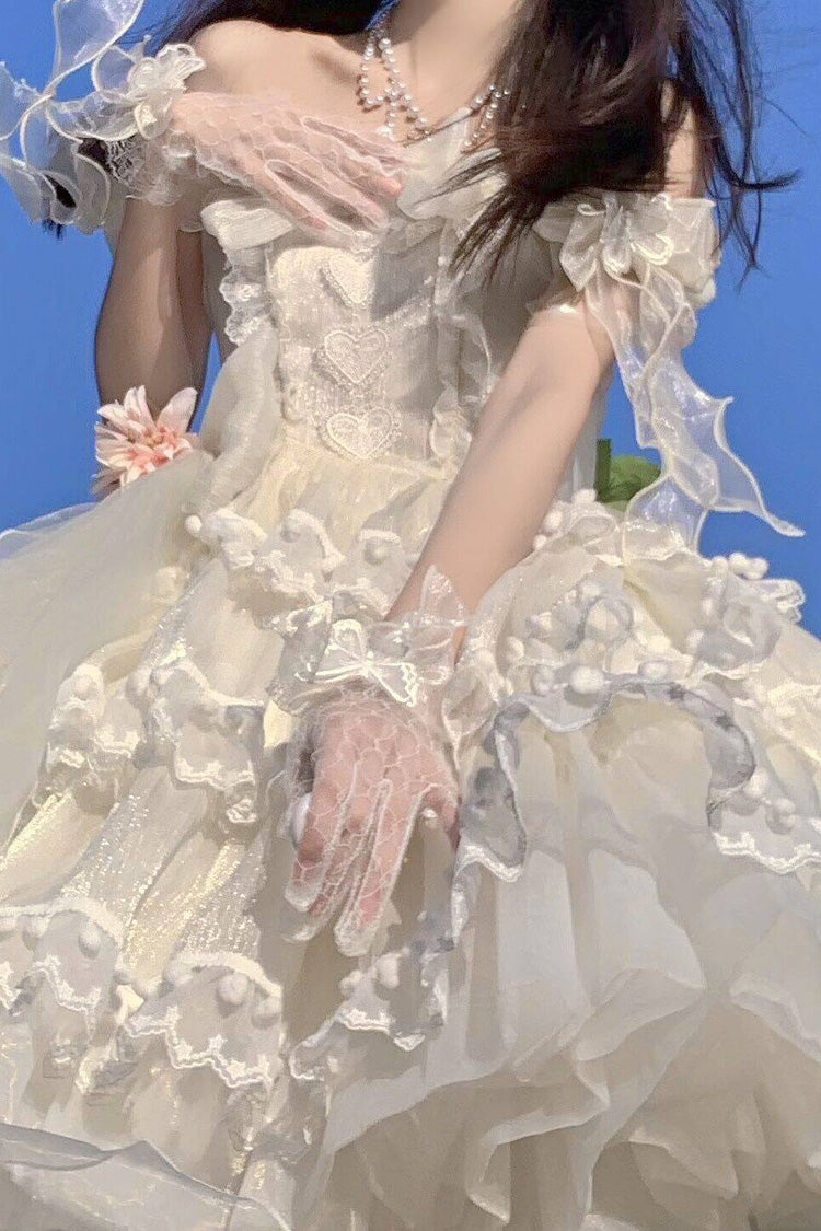 White Multi-Layered Ruffled Hanayome Bow Pearl-Decorated Sweet Lolita Jsk Dress Full Set 2 Versions - Product - 9
