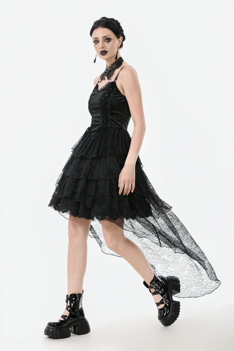 Black Sleeveless Multi-Layered Lace Women's Gothic Fishtail Slip Dress Graduation Dress - Product - 11