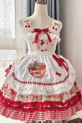 Red [Strawberry Bear] Sleeveless Double-Layered Print Ruffle Bowknot Sweet Princess Lolita Jsk Dress - Product - 6