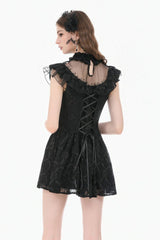 Black Ruffled Mock Neck Floral Cross Lace Splice Sheer Mesh Sleeveless Lace-Up Women's Gothic Dress - Product - 4