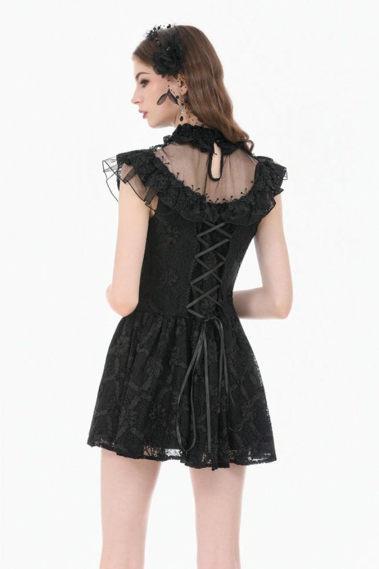 Black Ruffled Mock Neck Floral Cross Lace Splice Sheer Mesh Sleeveless Lace-Up Women's Gothic Dress - Product - 4