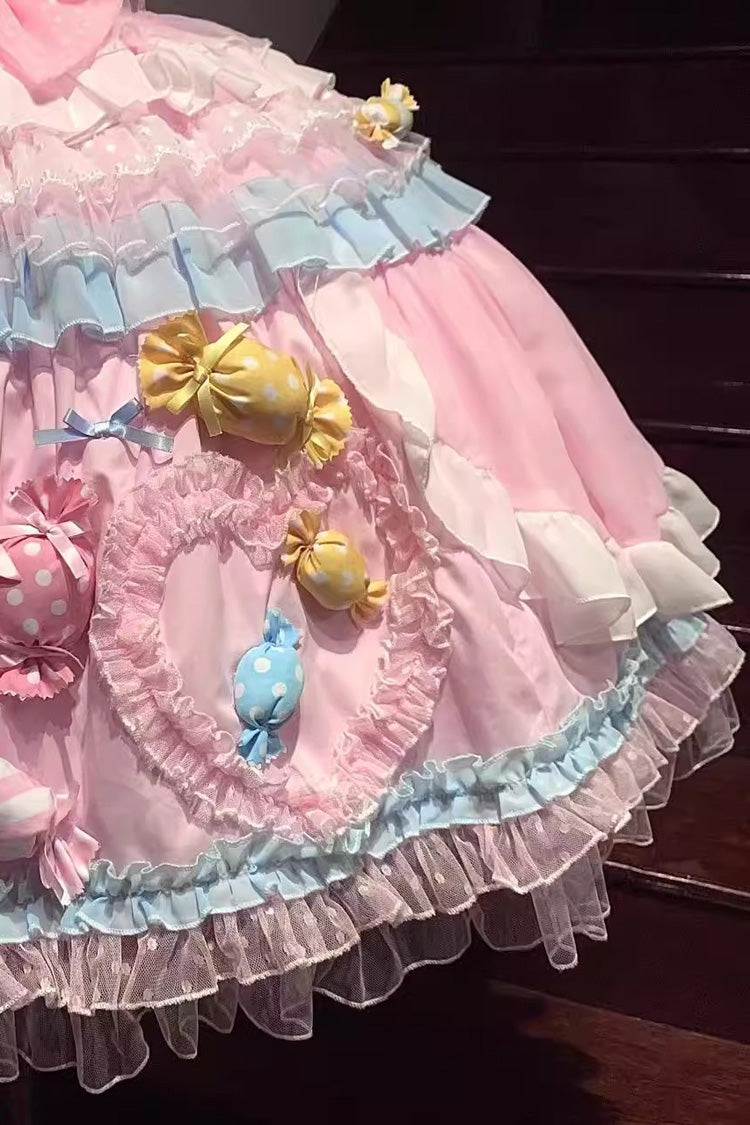Pink [Candy Party] Short Sleeves Multi-Layered Ruffled Bow Lace Lace-Up Sweet Lolita Dress - Product - 7