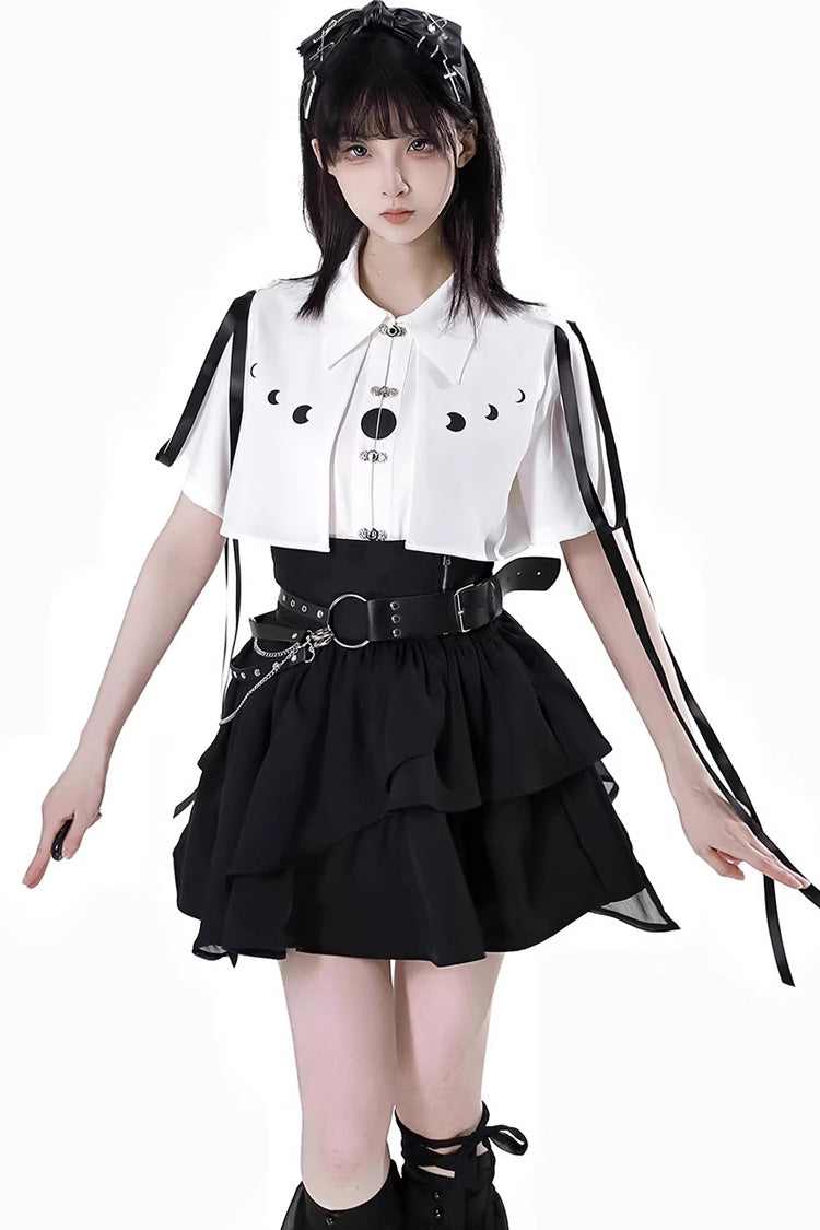 White/Black [Moonlight Flowing] Long/Short Sleeves Ruffled Asymmetric Gothic Jirai Kei Skirt Set - White/Black Short Skirt Set (Short-Sleeved) - 1