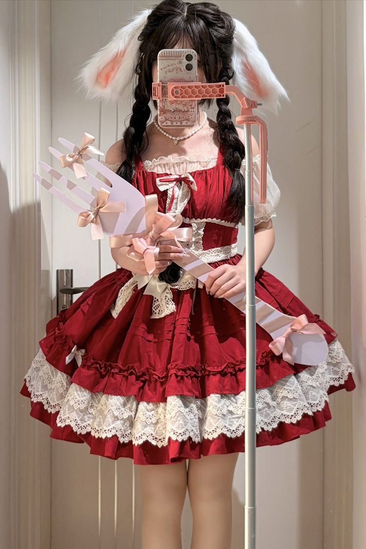 Red [Vivian] Off Shoulder Short Sleeves Ruffle Bowknot Lace Sweet Princess Lolita Dress - Product - 3