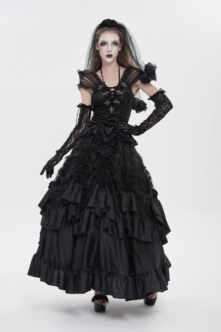 Black V Collar Short Sleeves Embroidered Lace Lace-Up Slim Women's Gothic Top - Product - 8