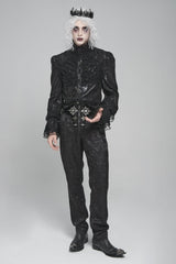 Black Stand Collar Long Puff Sleeves Embroidery Stitching Lace Men's Gothic Blouse - Product - 12