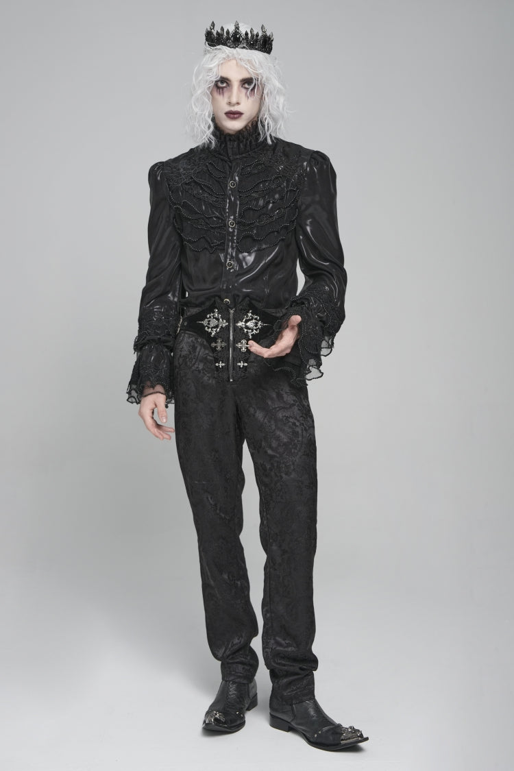 Black Stand Collar Long Puff Sleeves Embroidery Stitching Lace Men's Gothic Blouse - Product - 12