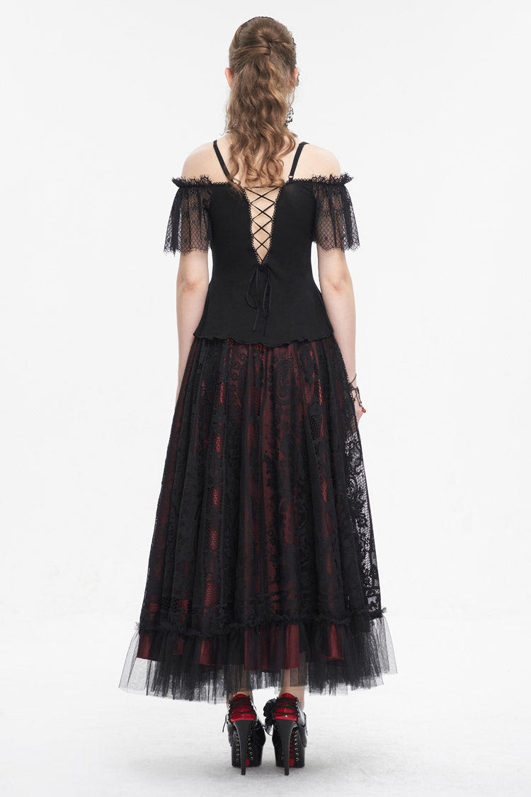 Black/Red Off Shoulder Lace Round Collar Splice Women's Gothic Shirt - Product - 7