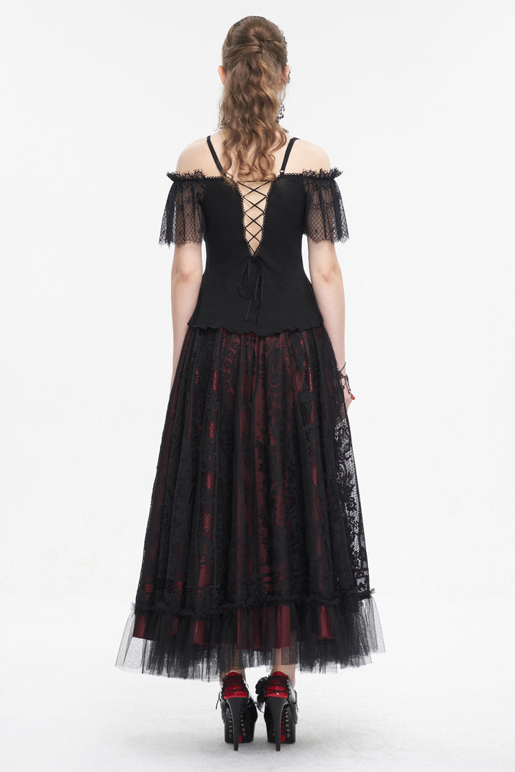 Black/Red Off Shoulder Lace Round Collar Splice Women's Gothic Shirt - Product - 7