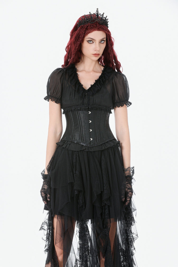 Black Solid Color Sleeveless Lace Lace-Up Women's Punk Underbust Corset - Product - 6