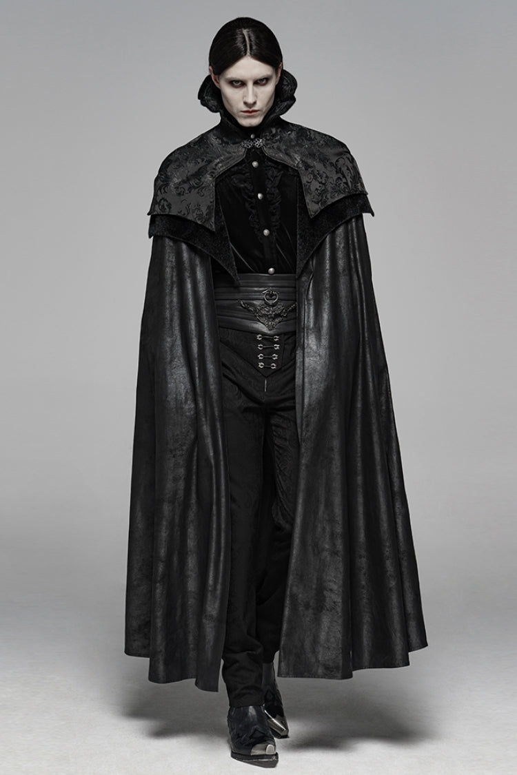 Black Jacquard Stand Collar Stitching Metal Retro Buckle Mens Gothic Cloak - Product - 4