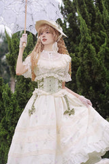 White/Green Letters and Poems to Austen Short Sleeves Print Hollow Lace Sweet Elegant Lolita Dress - Product - 7