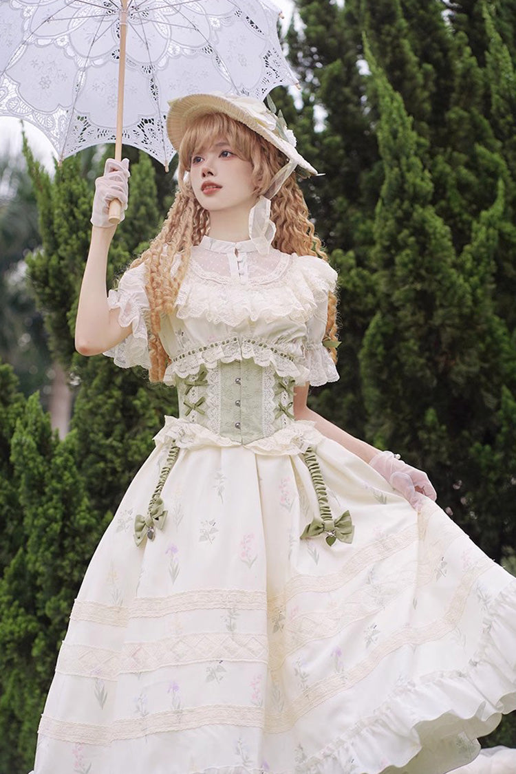 White/Green Letters and Poems to Austen Short Sleeves Print Hollow Lace Sweet Elegant Lolita Dress - Product - 7
