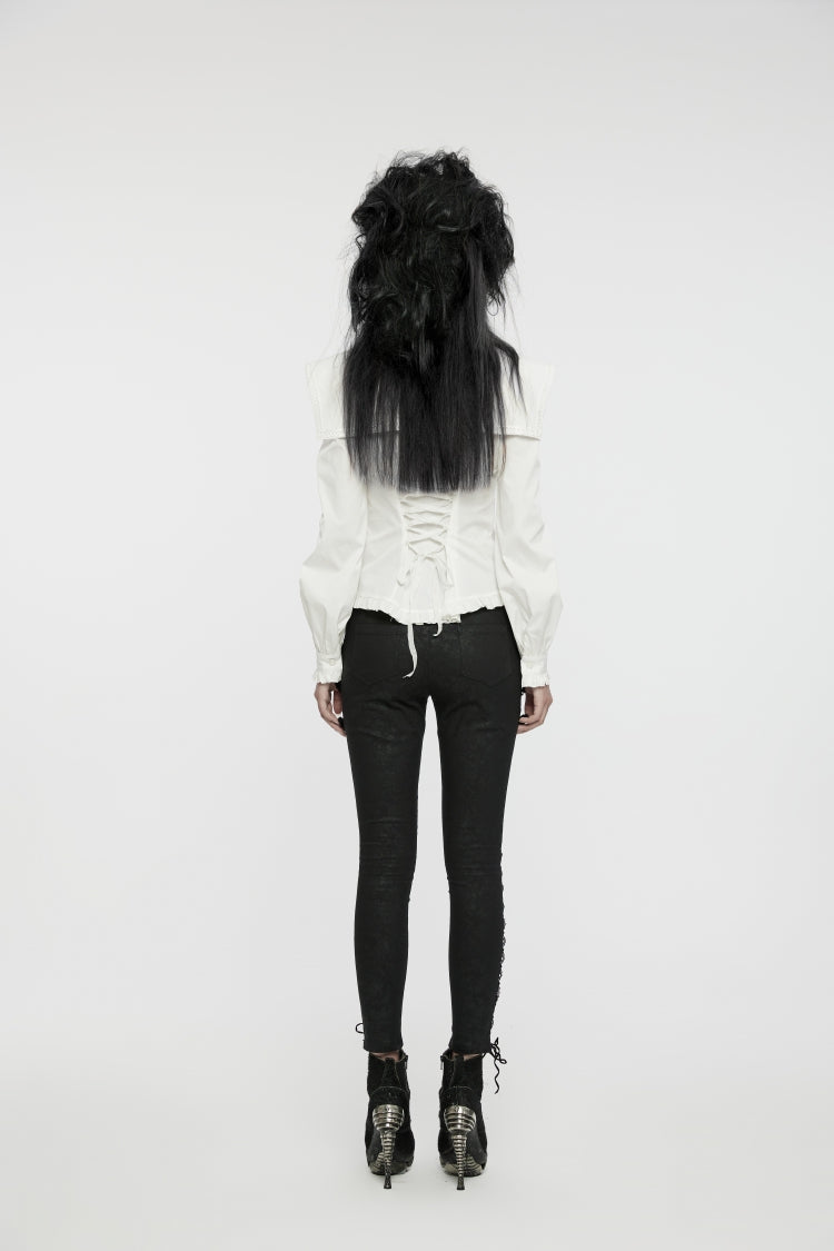 White Stand Collar Ruffle Lace-Up Women's Gothic Blouse - Product - 5