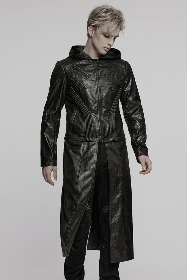 Black Long Sleeves Ruched Faux Leather Stitching Hooded Detachable Men's Punk Coat - Product - 2