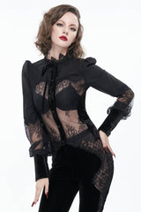 Black High Collar Translucent Lace Patchwork Bow Decoration Long Sleeve Women's Gothic Shirt - Product - 2