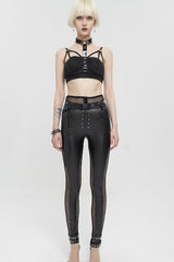 Black Fake Two-Piece Faux Leather Stitching Mesh Networking Women's Punk Pants - Product - 3