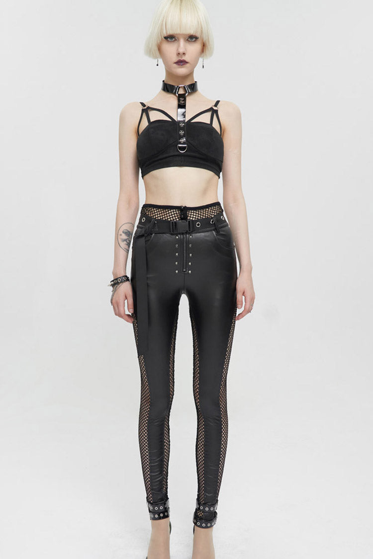 Black Fake Two-Piece Faux Leather Stitching Mesh Networking Women's Punk Pants - Product - 3