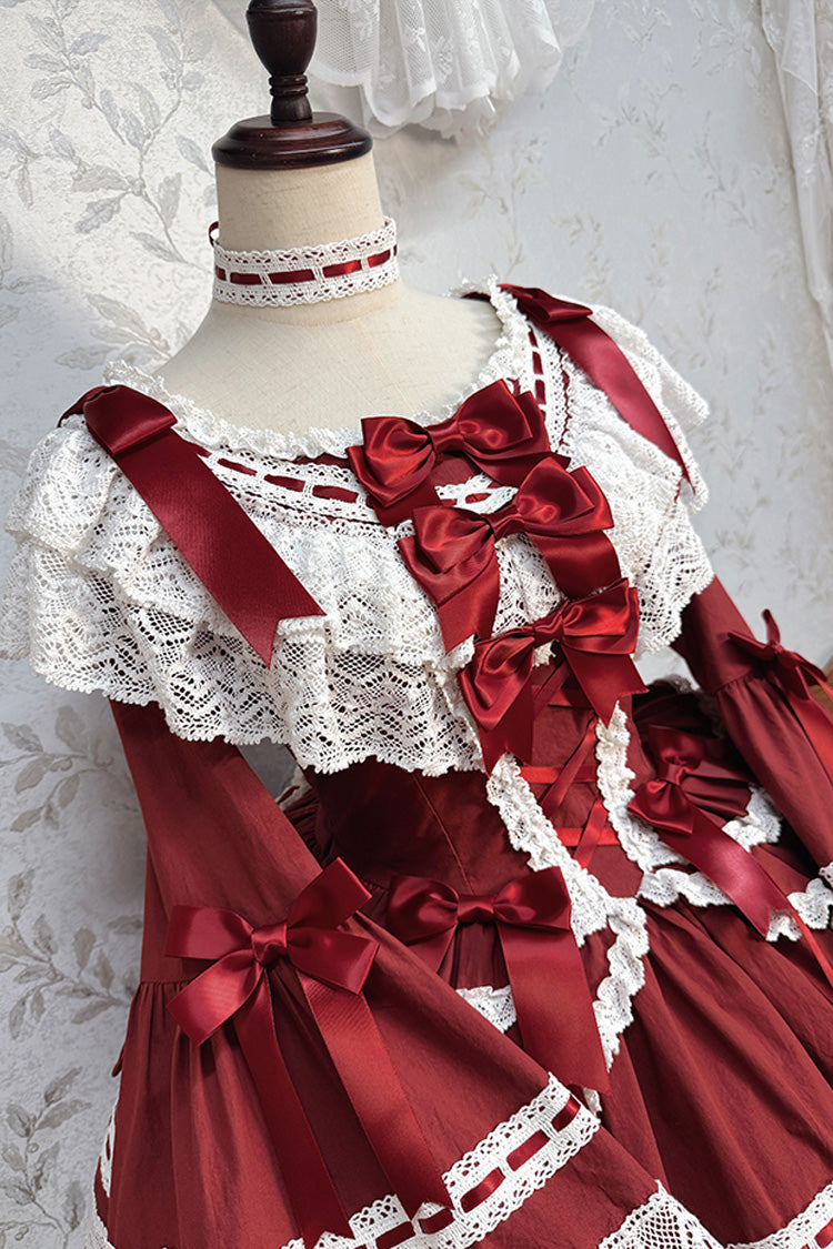 Wine Red [Rabbit Sleeping Doll] Long Trumpet Sleeves Ruffle Bowknot Lace Sweet Lolita Dress - Product - 8