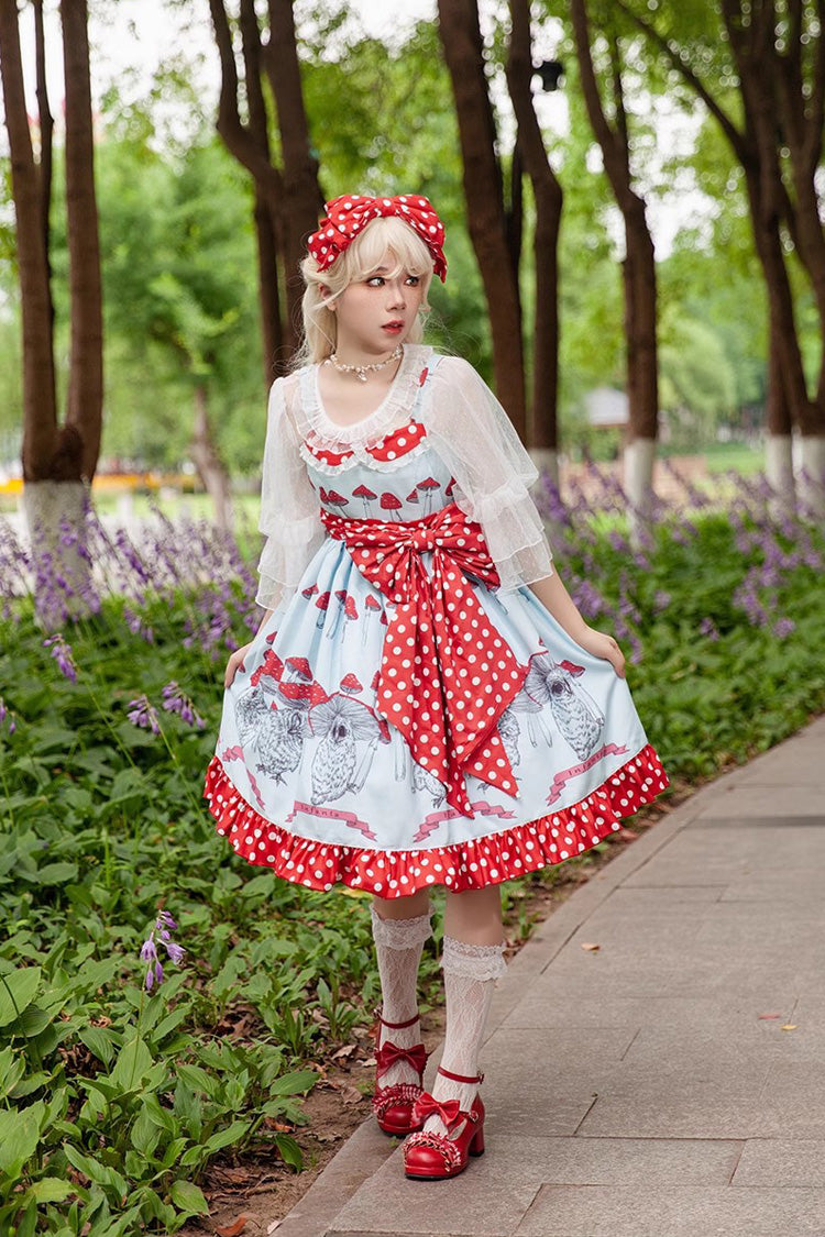 Cat Head Mushroom Print Ruffle Bowknot Sweet Lolita Dress 2 Colors - Product - 7
