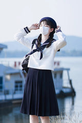 White/Dark Blue Long Sleeves Sweet Japanese School Skirt Set - Product - 10