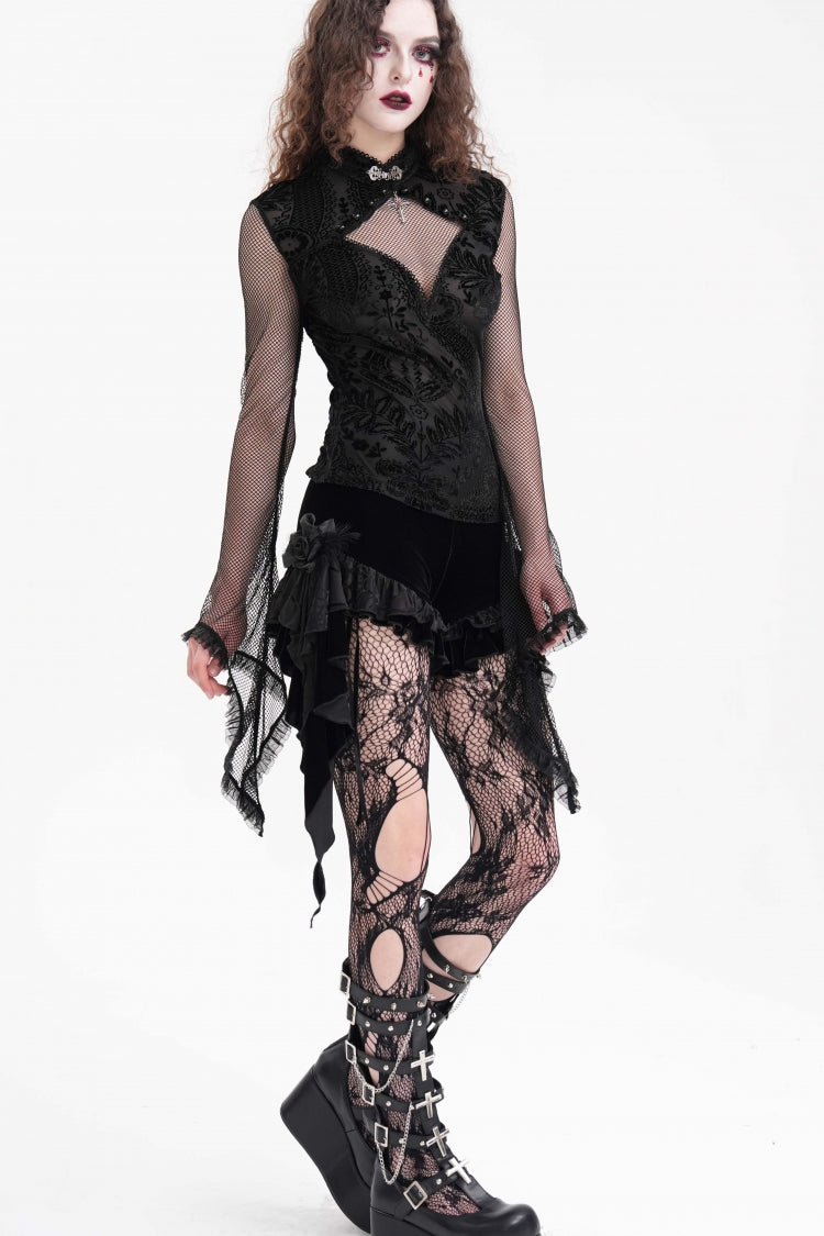 Black Stand Collar Hollow Embroidery Lace Women's Gothic Blouse - Product - 3