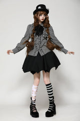 Black/White Skull Lace Jabot Striped Lapel Collar Long Sleeves Ruffled Women's Lolita Gothic Blouse - Product - 7