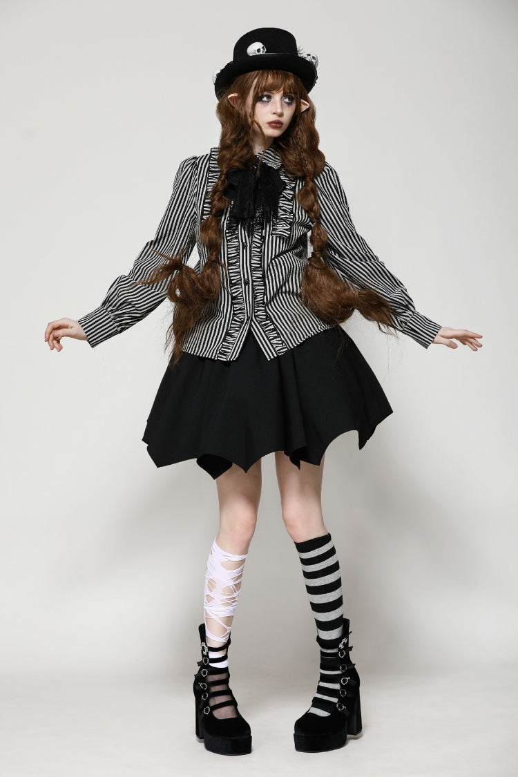 Black/White Skull Lace Jabot Striped Lapel Collar Long Sleeves Ruffled Women's Lolita Gothic Blouse - Product - 7