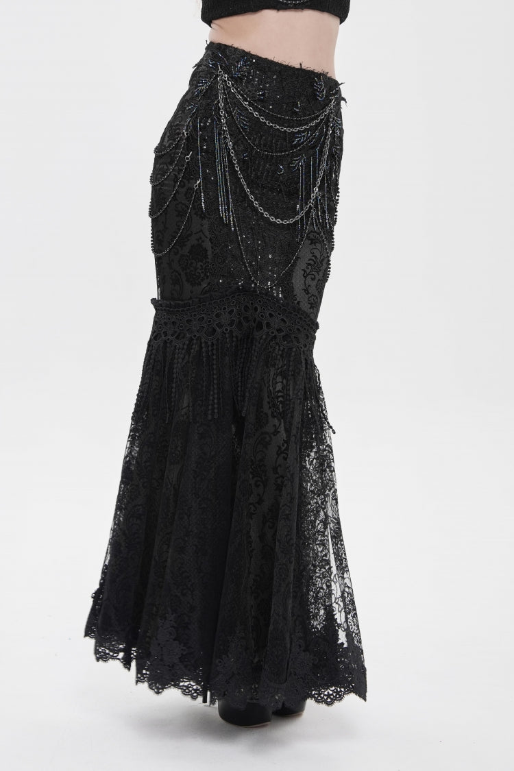 Black Double-Layered Embroidered Lace Slim Pearl-Decorated Women's Gothic Skirt - Product - 10