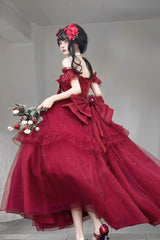 Red [Bright Stars] Off Shoulder Ruffle Bowknot Asymmetric Sweet Elegant Princess Lolita Dress - Product - 2