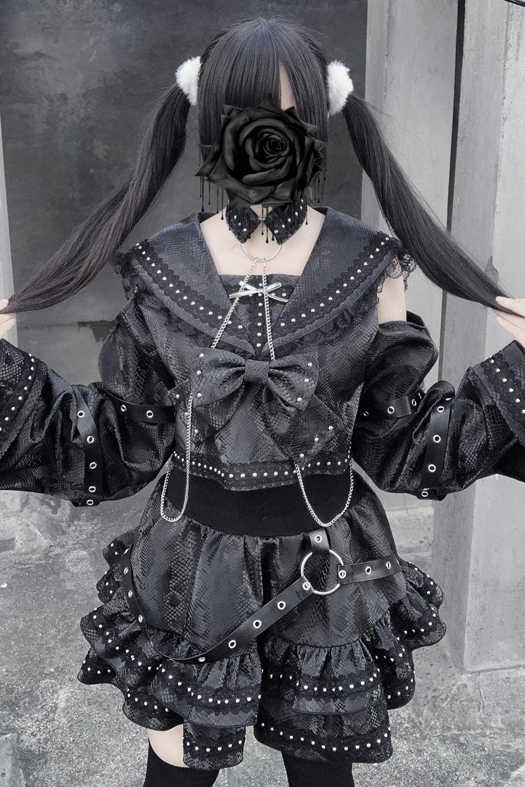 Black [Serpent Devour] Navy Collar Long Sleeves Snake Printed Ruffled Bow Studded Gothic Jirai Kei Skirt Set - Product - 5