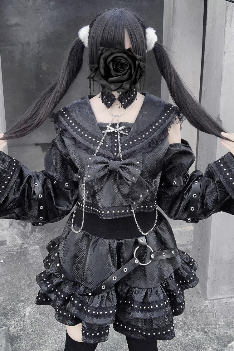 Black [Serpent Devour] Navy Collar Long Sleeves Snake Printed Ruffled Bow Studded Gothic Jirai Kei Skirt Set - Product - 5