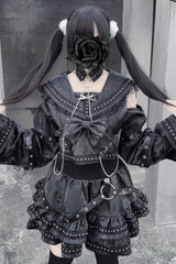 Black [Serpent Devour] Navy Collar Long Sleeves Snake Printed Ruffled Bow Studded Gothic Jirai Kei Skirt Set - Product - 5