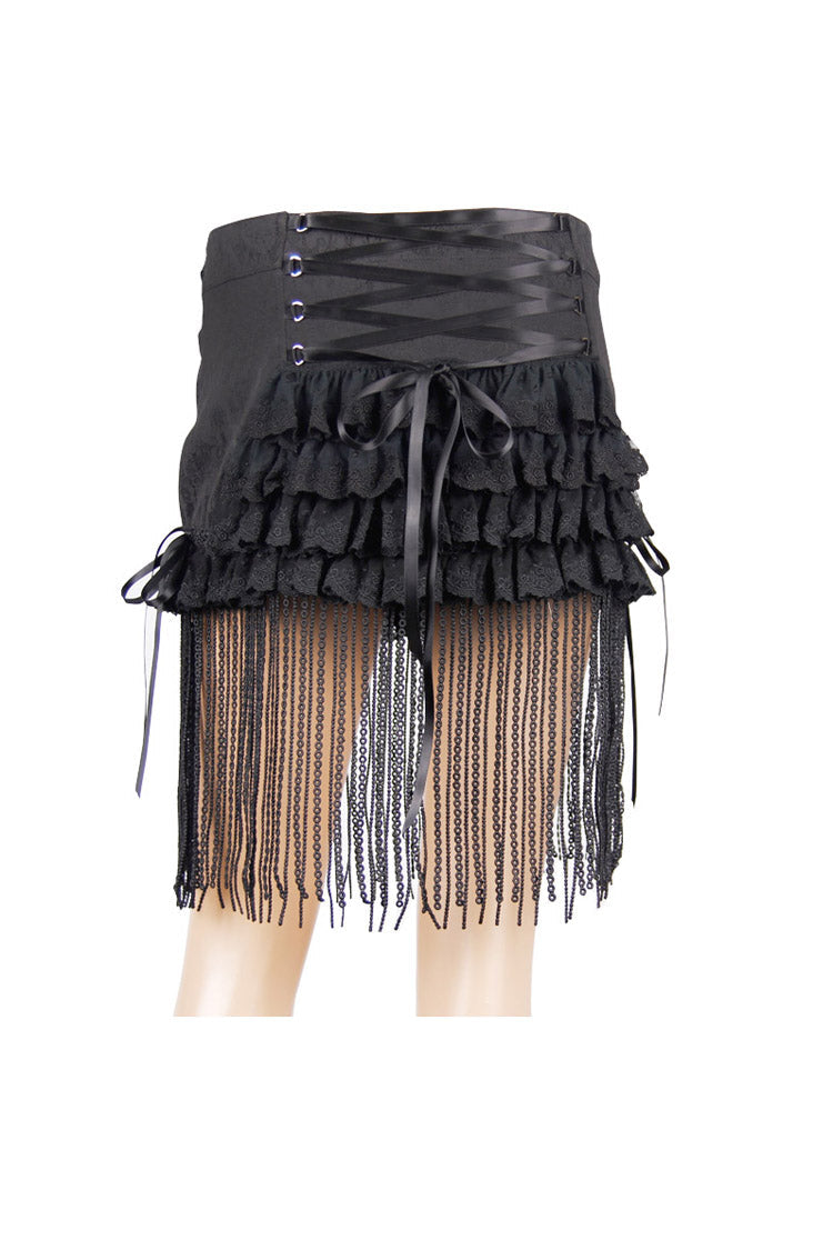 Black Jacquard Lace Tassel Hem Back Waist Lace Up Short Women's Gothic Skirt - Product - 6
