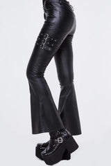 Black Hasp Leather Side Lace-Up Leather Tight Flared Women's Punk Pants - Product - 6