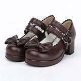 Double Buckle Bowknot Sweet Lolita Shoes - Brown - 1
