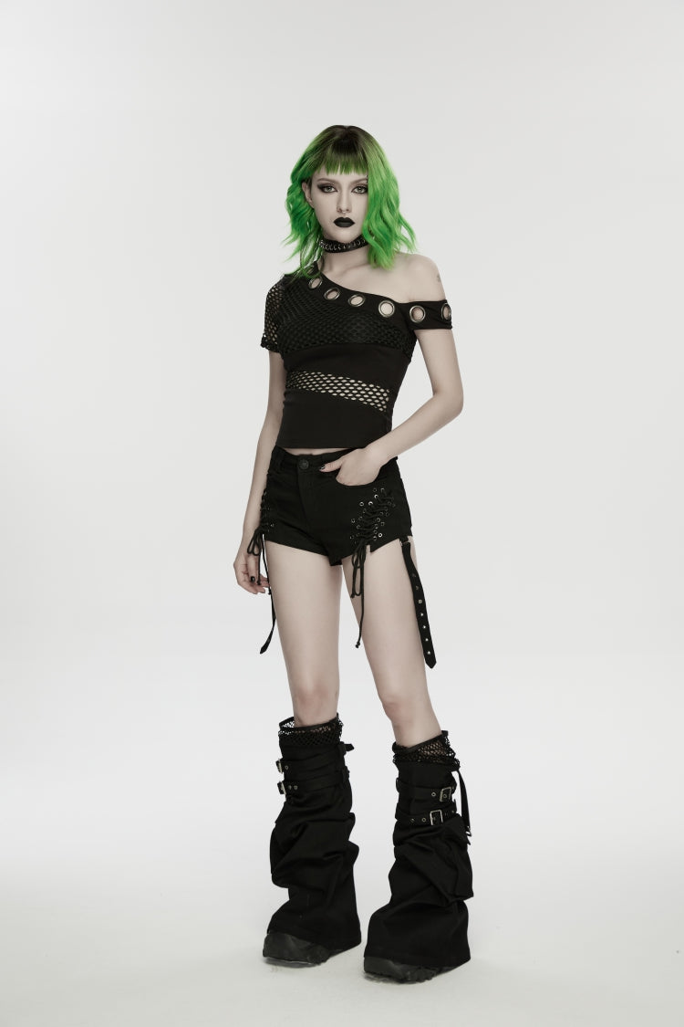 Black Spliced Lace-Up Mesh Detachable Eyelet Women's Punk Shorts - Product - 8