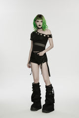 Black Spliced Lace-Up Mesh Detachable Eyelet Women's Punk Shorts - Product - 8
