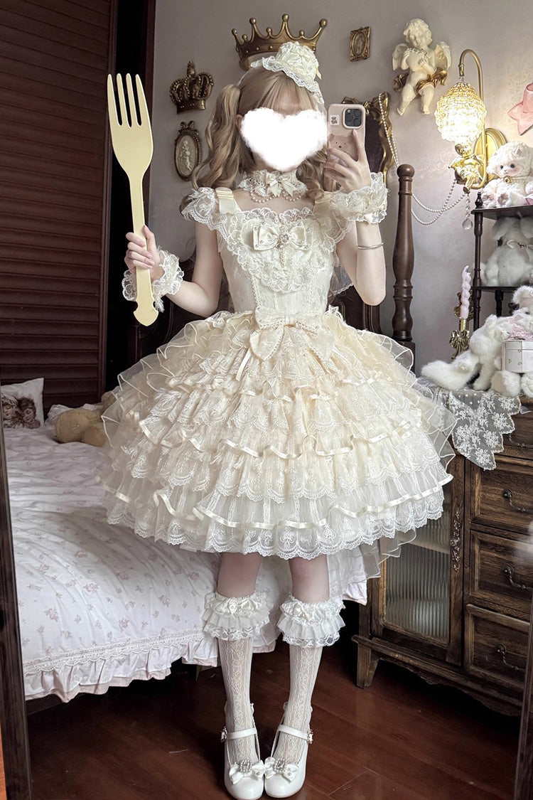 Apricot [Ballad of Feathers] Sleeveless Multi-Layered Ruffle Hanayome Bowknot Sweet Lolita Jsk Dress - Product - 2